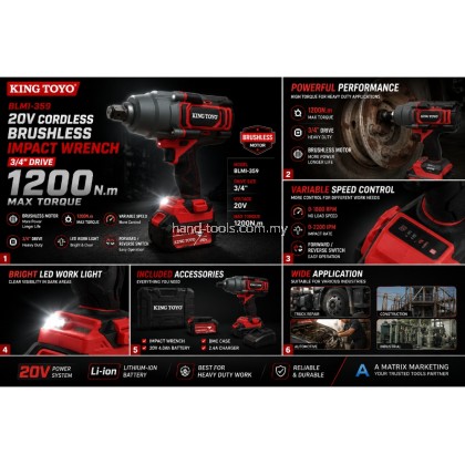 KingToyo BLMI-359 3/4"DR 20v Cordless Brushless Impact Wrench 4.0Ah + 2.4A BMC Charger